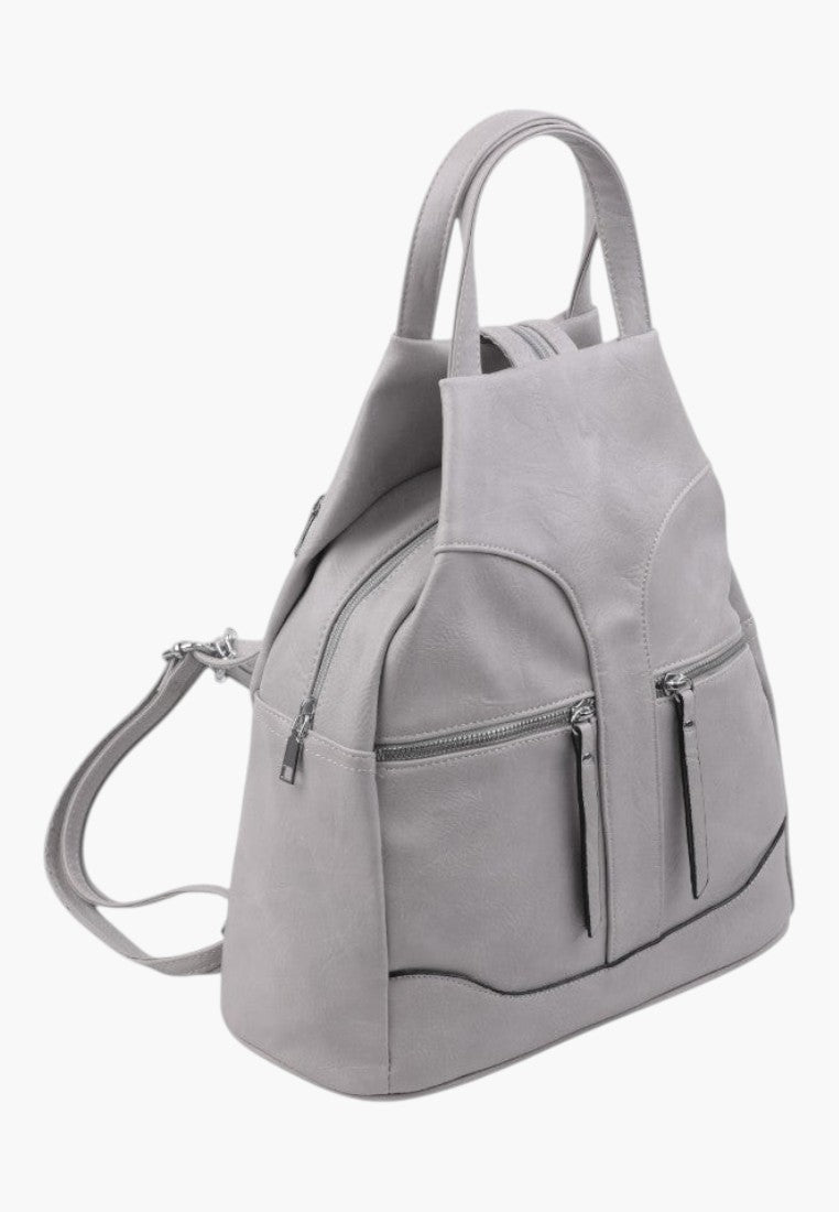 Falio grey faux leather urban backpack with multiple zippered pockets and top handle for daily use