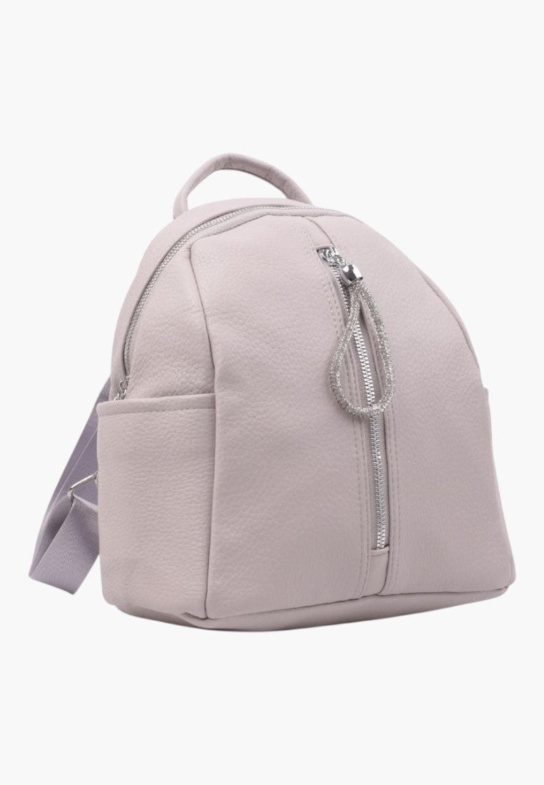 Falio grey faux leather urban backpack with a decorative crystal-embellished zipper pull and multiple compartments.