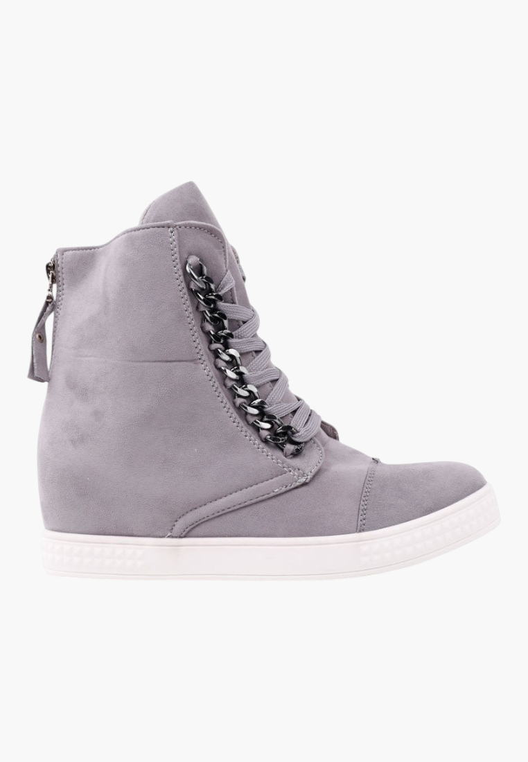 Falio grey faux suede high-top wedge sneakers with lace-up front, decorative chain detail, and back zipper