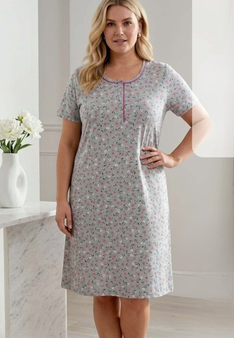 Falio grey short-sleeve nightgown with a pink floral print and a purple trim at the neckline.