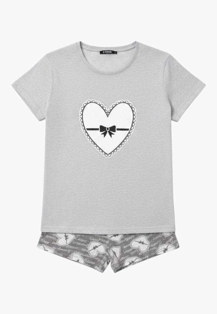 Falio grey 100% cotton women's pajama set with heart print shorts and t-shirt with heart graphic.