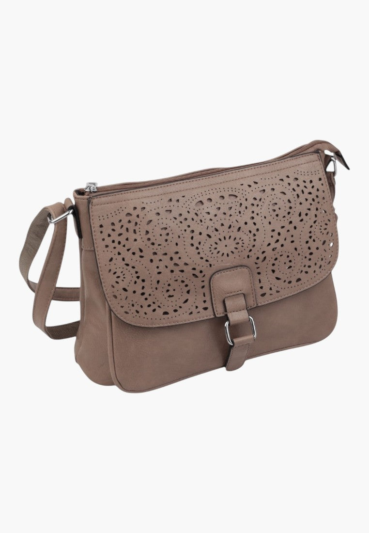 Falio grey crossbody bag with a decorative laser-cut floral flap and silver buckle detail