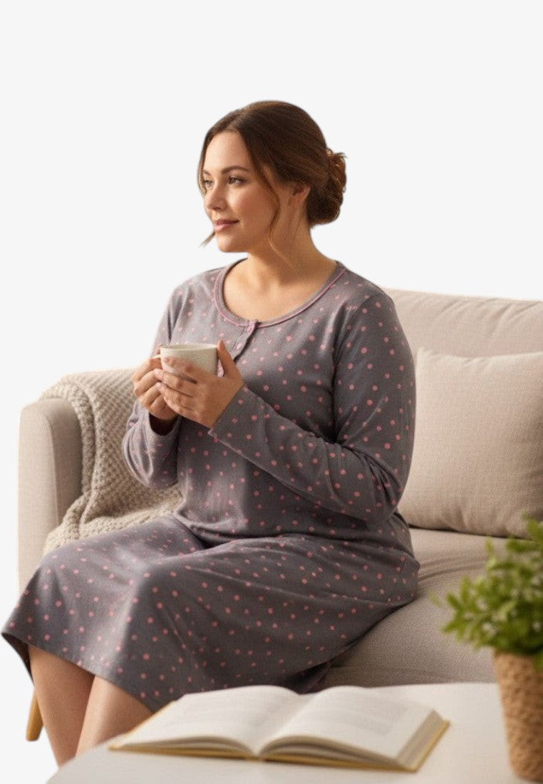 Falio grey cotton nightgown with pink polka dots, round neck, short sleeves, and button placket. Plus size.