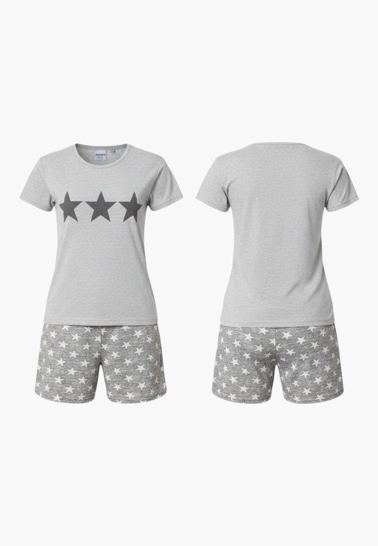 Falio grey 100% cotton women's pajama set with star print shorts and t-shirt featuring three grey stars.