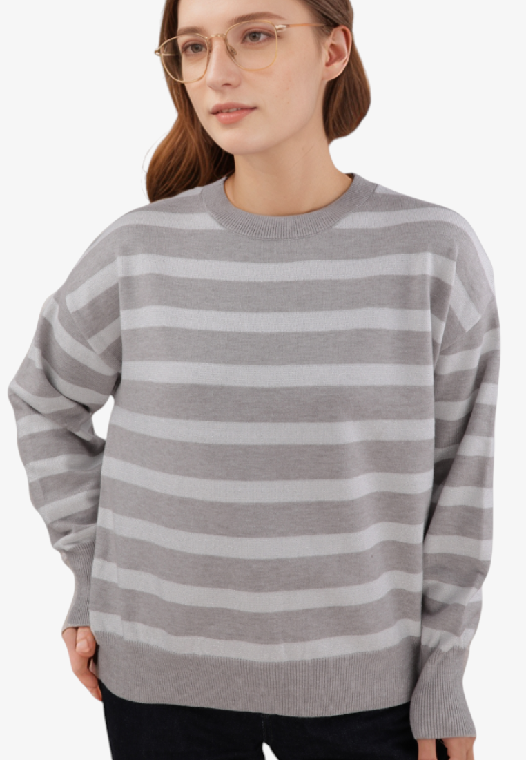 Falio women's grey striped long-sleeve sweater with a round neckline, made from a soft viscose blend.