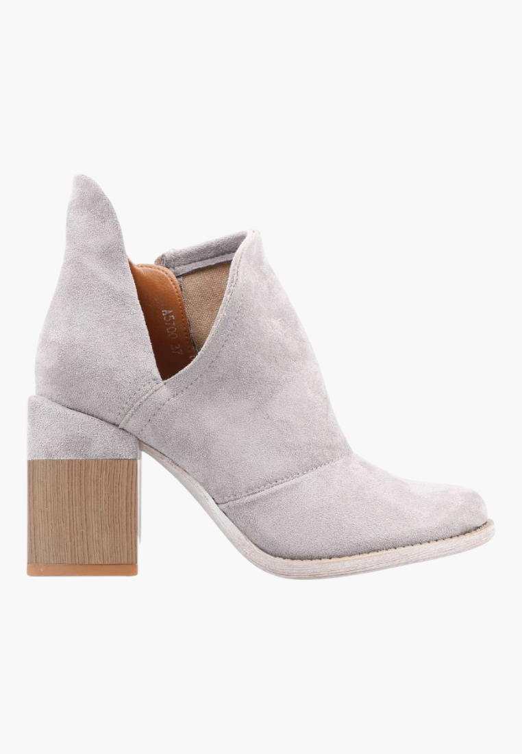 Falio grey faux suede ankle boots with a block heel and side cut-out detail, featuring a comfortable round toe.