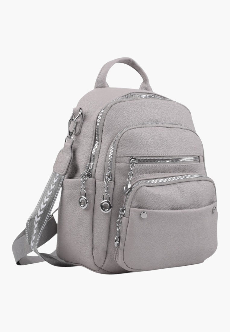 Falio grey urban women's backpack with multiple zippered compartments and a decorative patterned shoulder strap