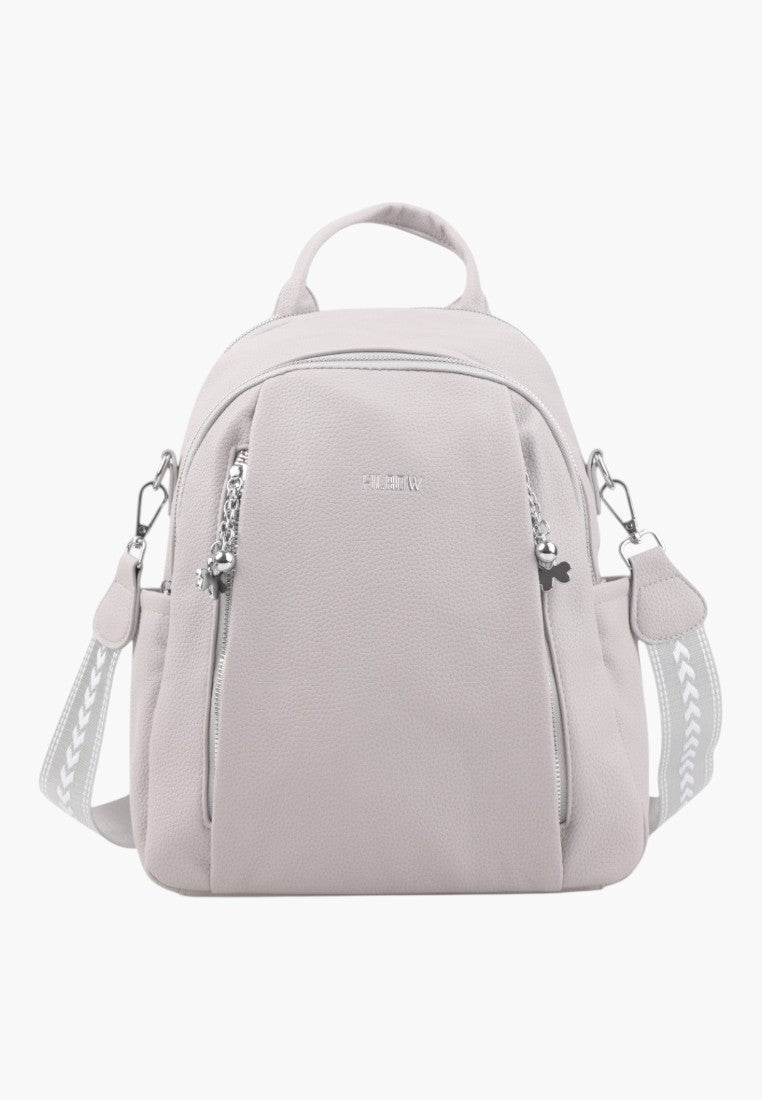 Falio grey urban women's backpack with textured faux leather, silver zippers, and patterned shoulder straps.