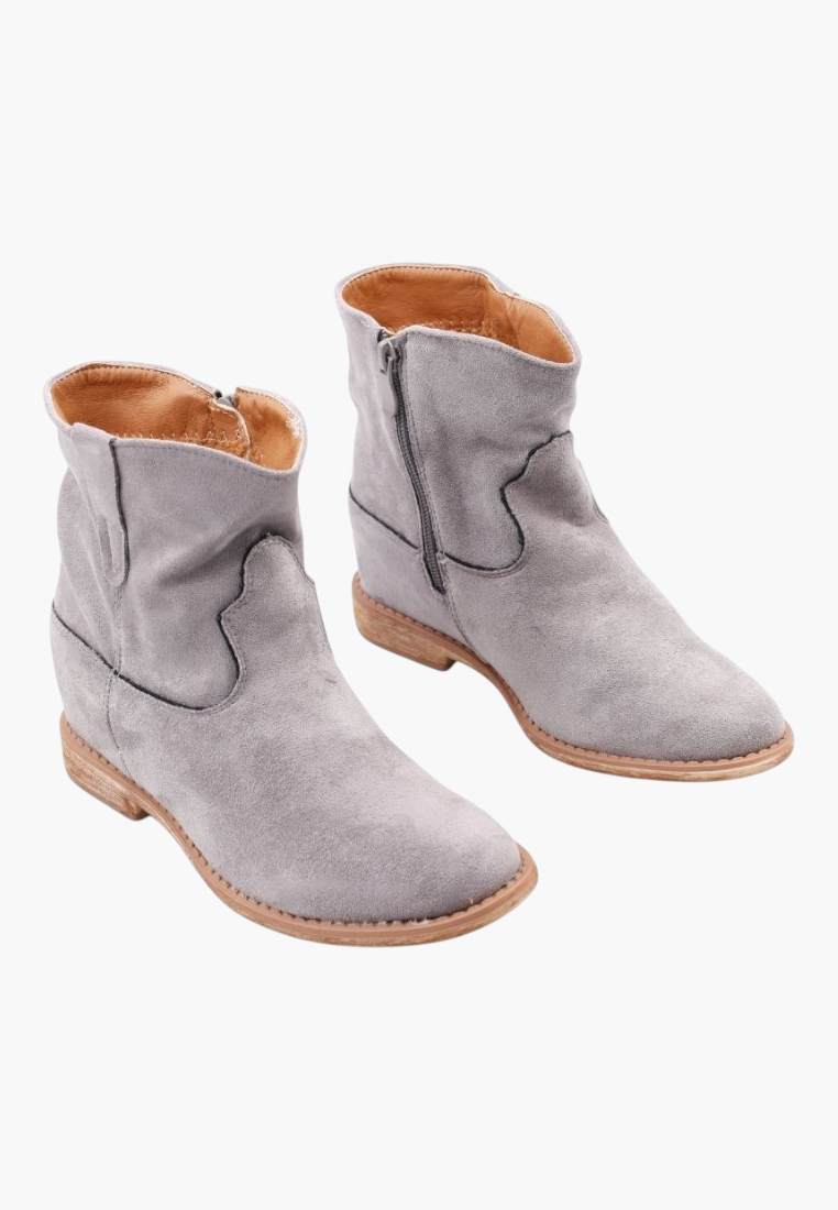 Falio grey faux suede ankle boots with a rounded toe, side zipper, and comfortable wedge heel for daily wear.