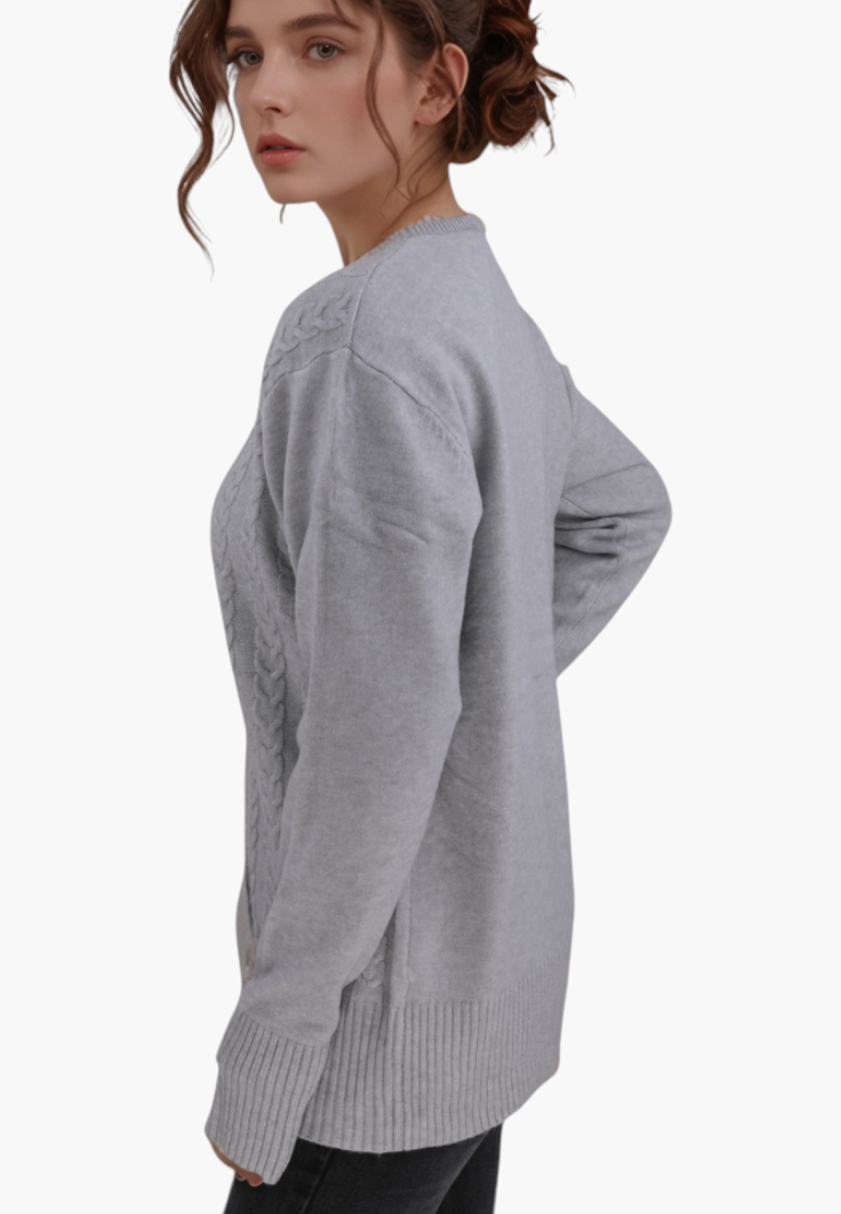 Falio grey wool-blend pullover sweater with cable knit detail worn by a woman, side view