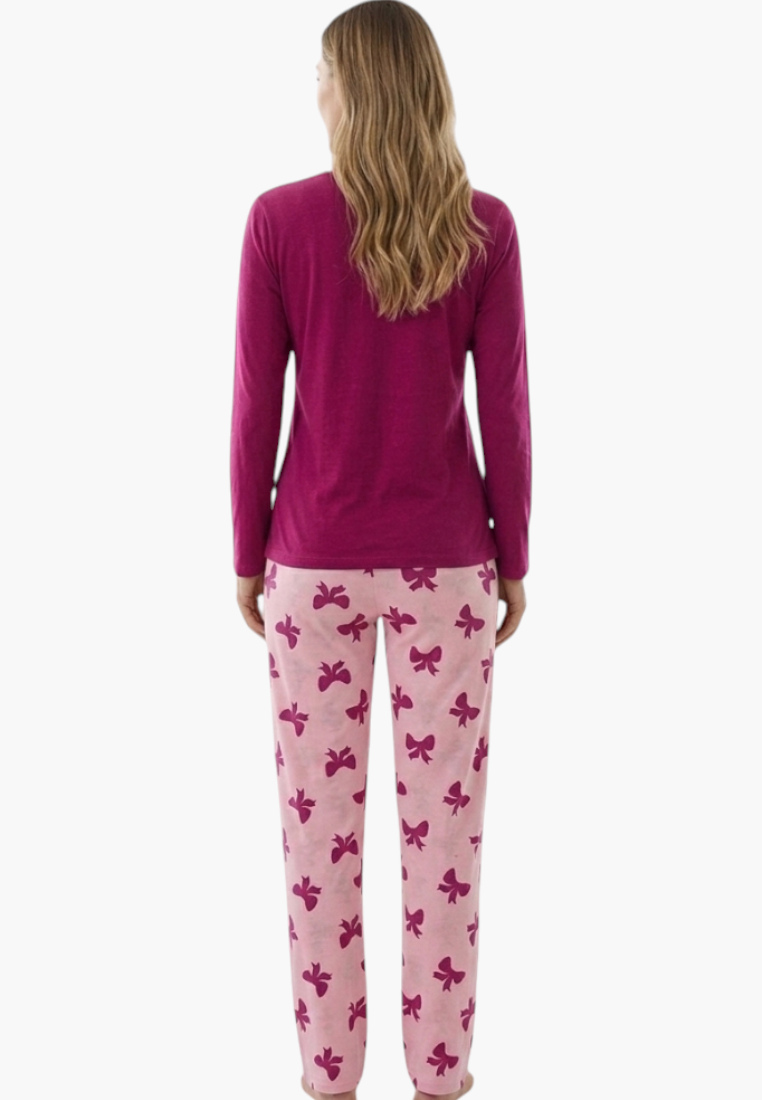 Falio women's insulated cotton pajama set with a magenta long-sleeve top and pink bow-patterned trousers, back view.