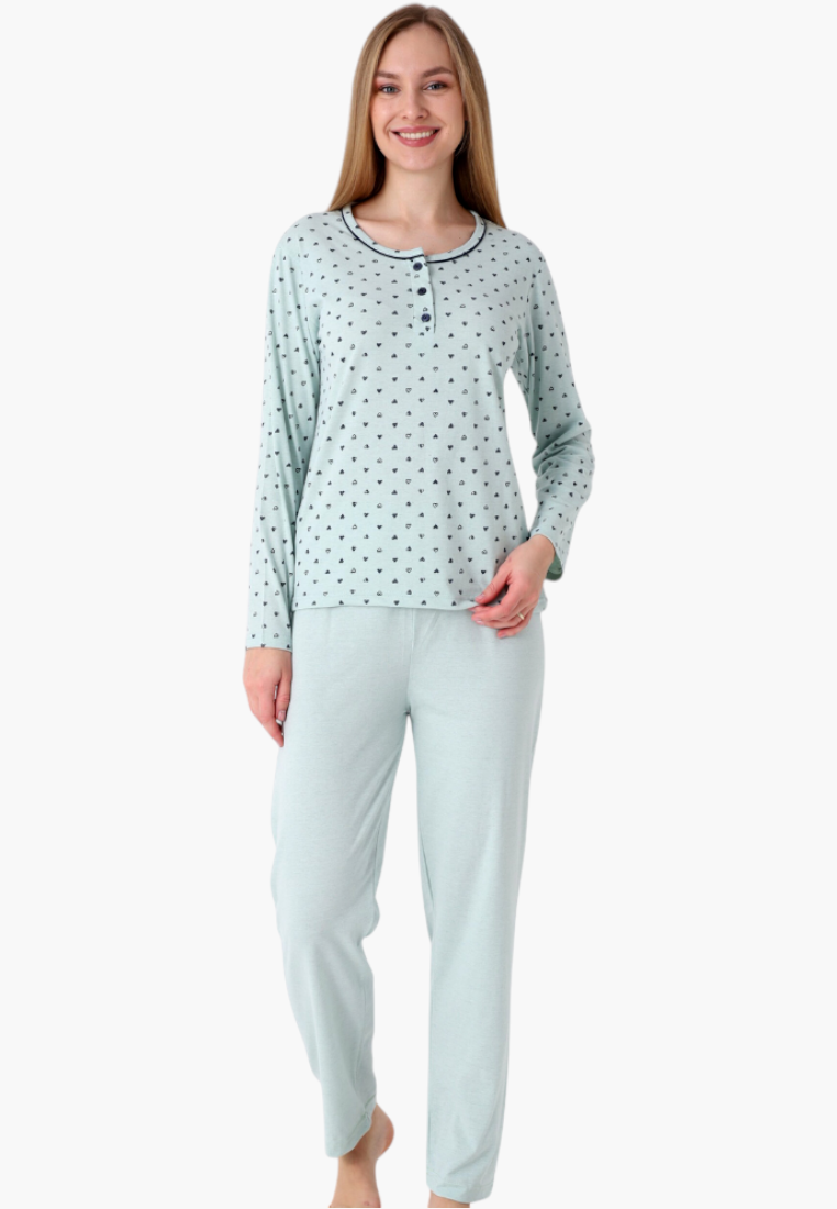 Falio women's insulated cotton pajama set in light green with a small heart pattern, long sleeves, and button placket.