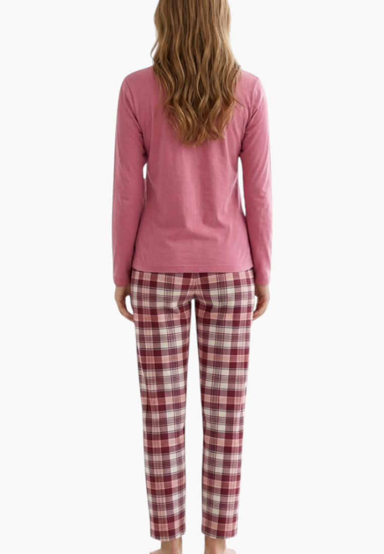 Falio women's insulated cotton pajama set featuring a pink long-sleeve top and plaid trousers, back view.