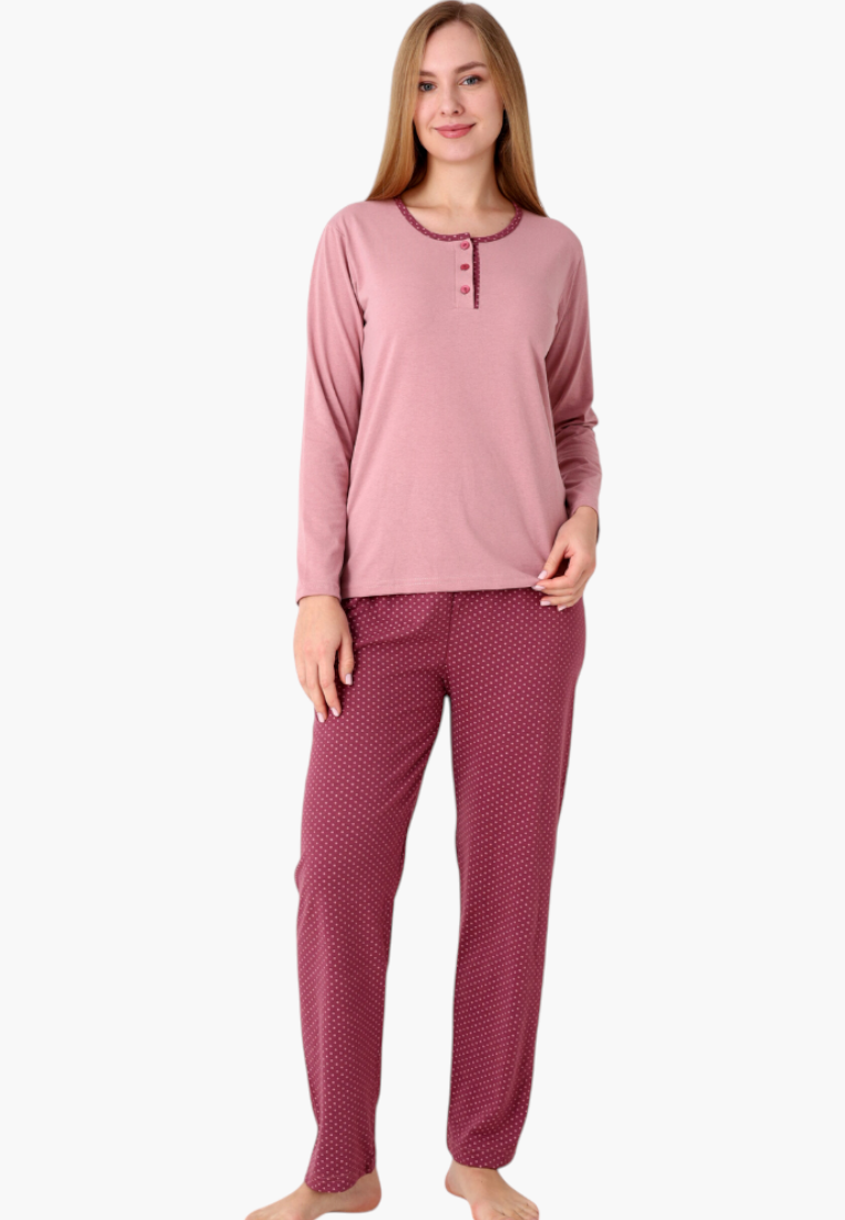 Falio women's insulated cotton pajama set with a dusty pink long-sleeve top and burgundy polka dot trousers