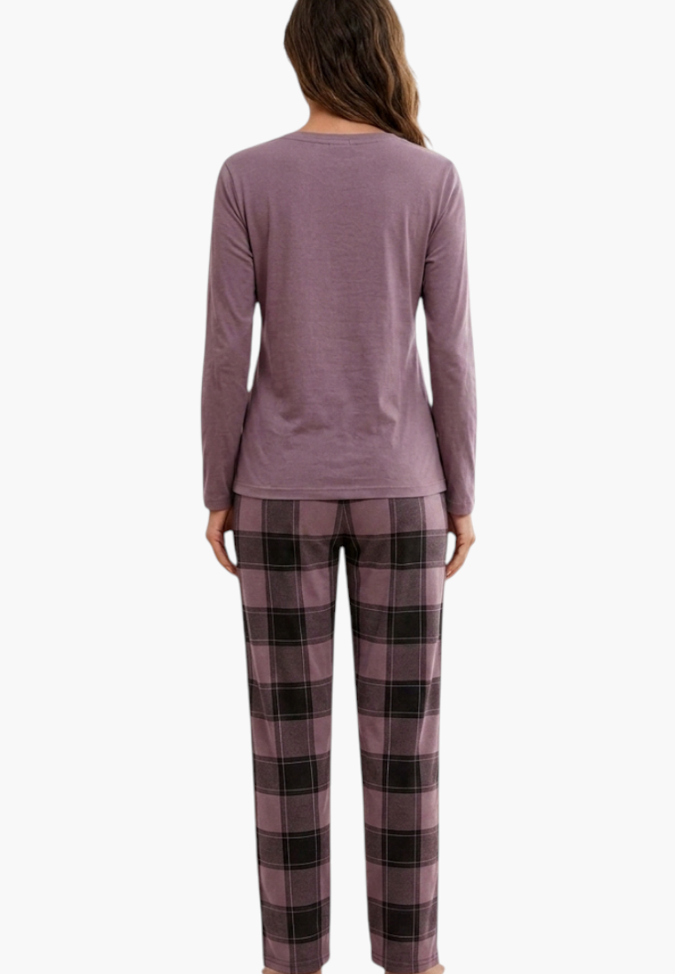 Falio women's insulated cotton pajama set with a long-sleeved mauve top and plaid patterned trousers, back view.