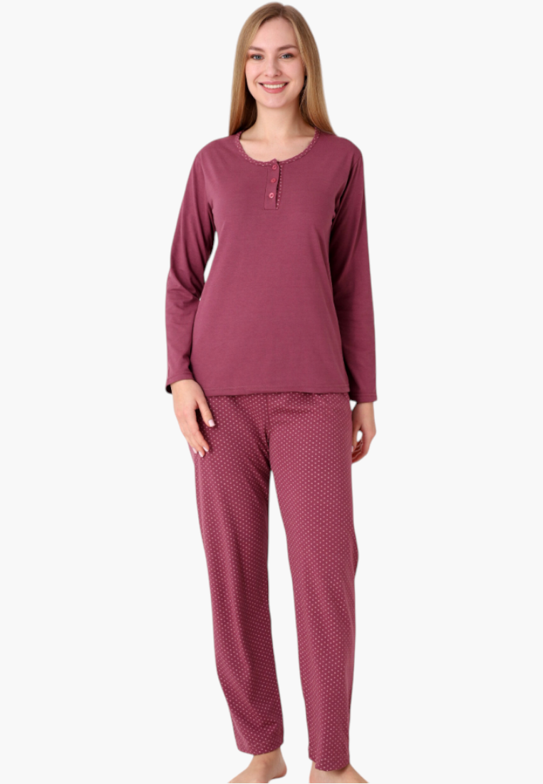 Falio women's insulated cotton pajama set in burgundy with a long-sleeve top and polka dot patterned trousers.