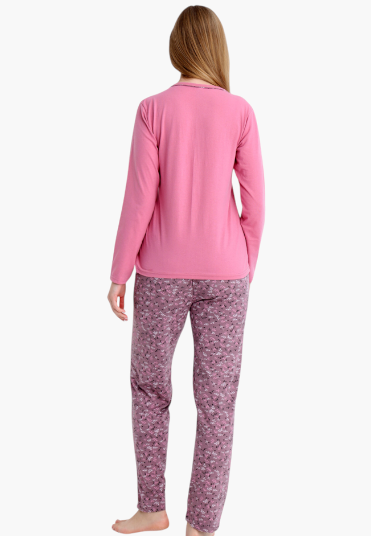 Falio women's insulated cotton pajamas with a pink long-sleeve top and patterned floral trousers, back view.