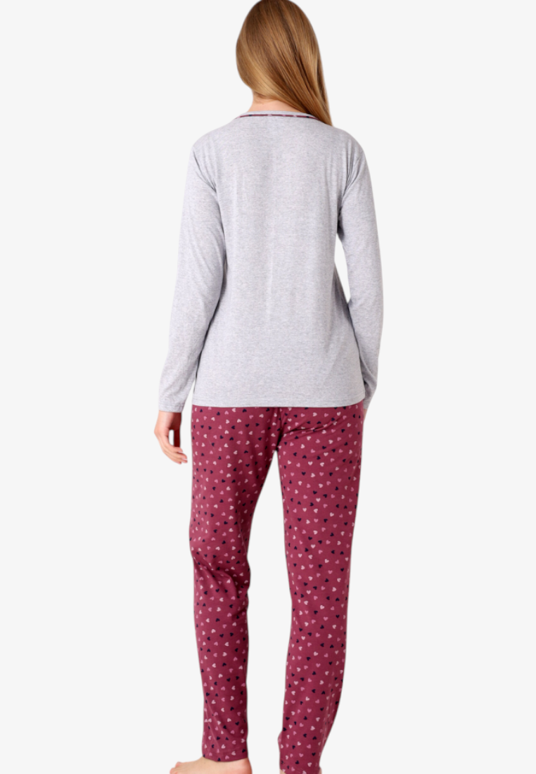 Falio women's insulated cotton pajama set with a grey long-sleeve top and maroon heart-patterned trousers, back view