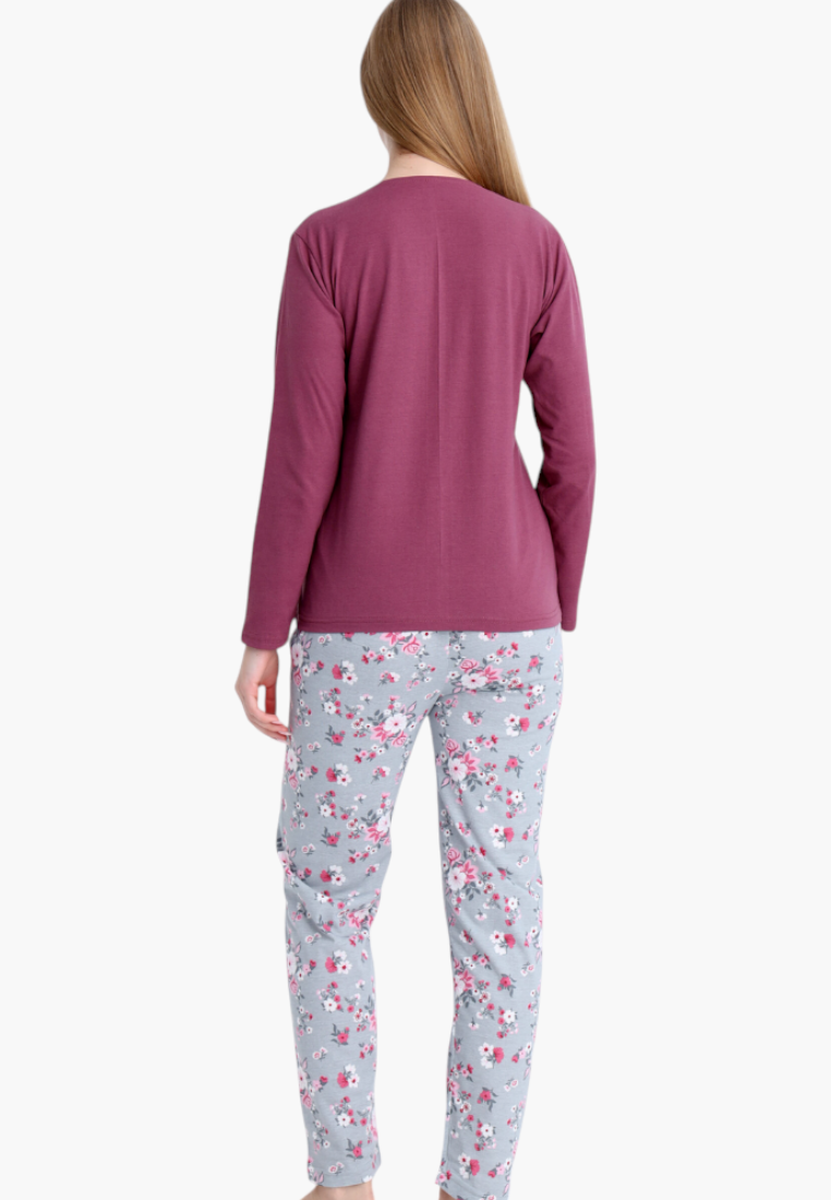 Falio women's insulated cotton pajamas with a solid plum long-sleeve top and grey floral print trousers, back view
