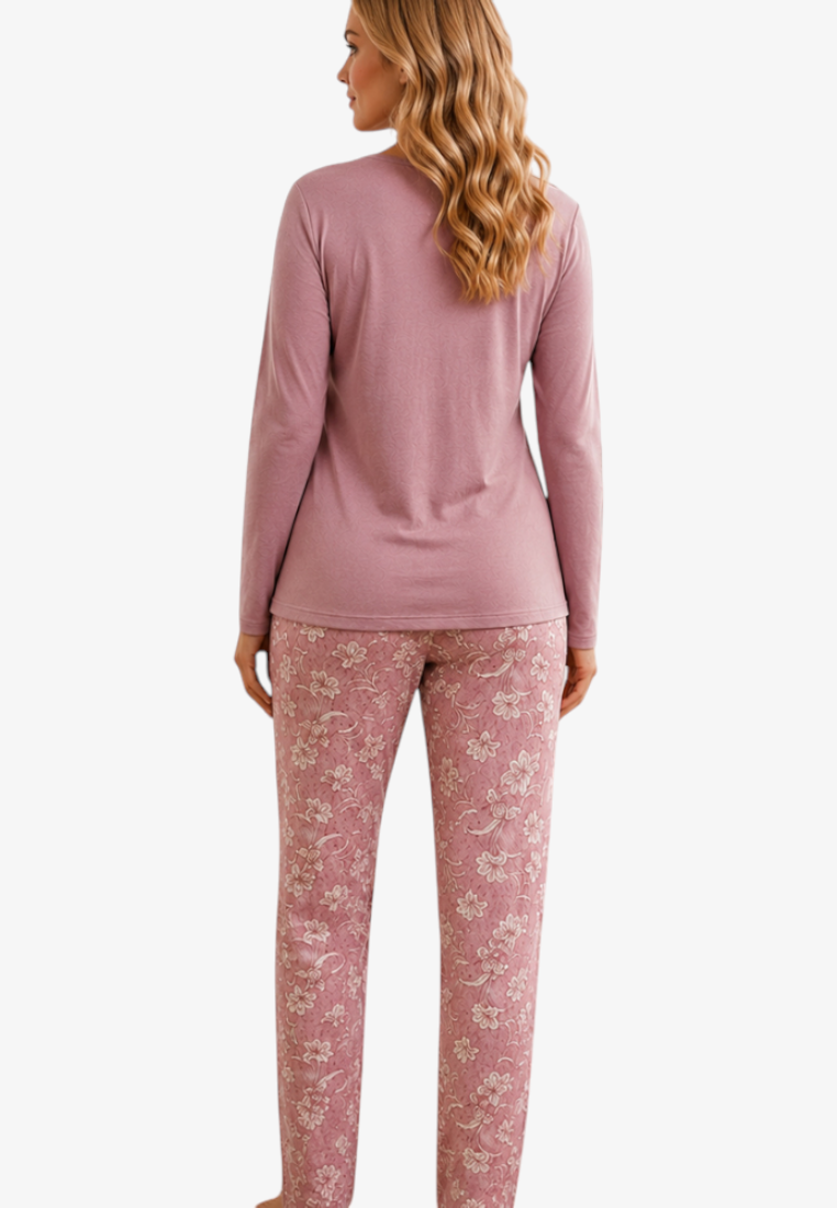 Falio women's insulated cotton pajamas featuring a solid mauve long-sleeve top and floral print trousers, back view