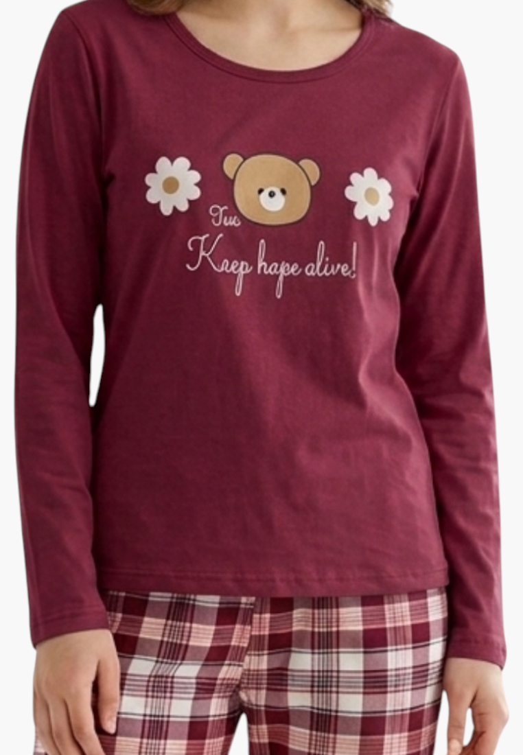 Falio women's insulated cotton pajama set featuring a burgundy long-sleeve top with a bear and flower graphic.