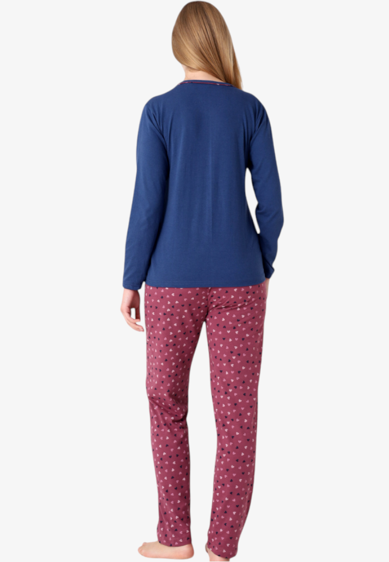 Falio women's insulated cotton pajama set with a blue long-sleeve top and patterned maroon trousers, back view.