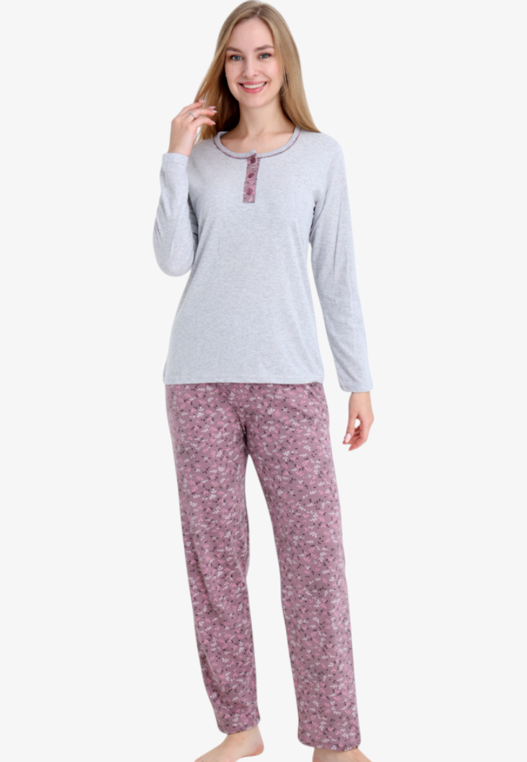 Falio women's insulated cotton pajamas featuring a grey long-sleeve top and floral print trousers on a model.