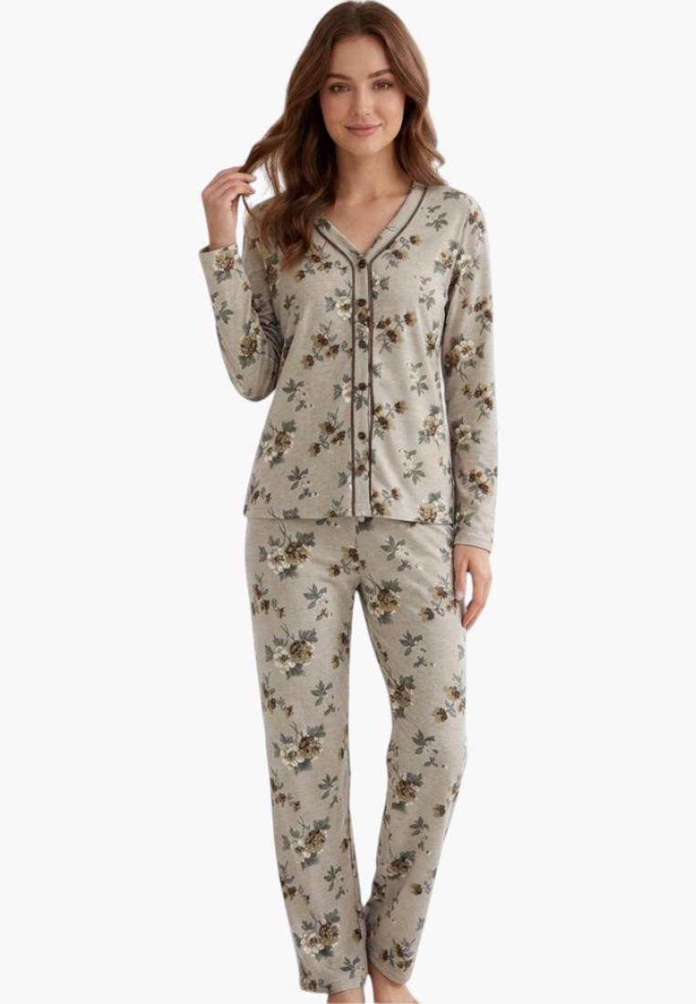 Falio women's insulated cotton pajama set with a beige floral print, long sleeves, and a button-down V-neck top.