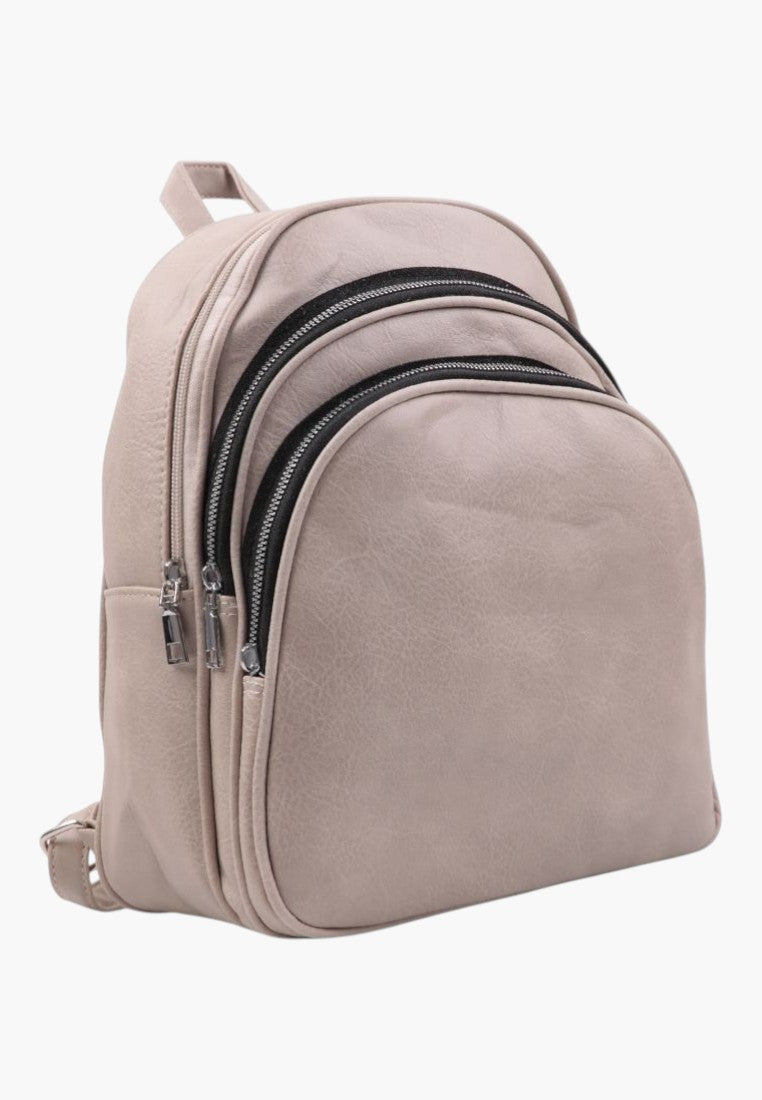 Falio khaki faux leather urban backpack with three zippered compartments and A4 capacity