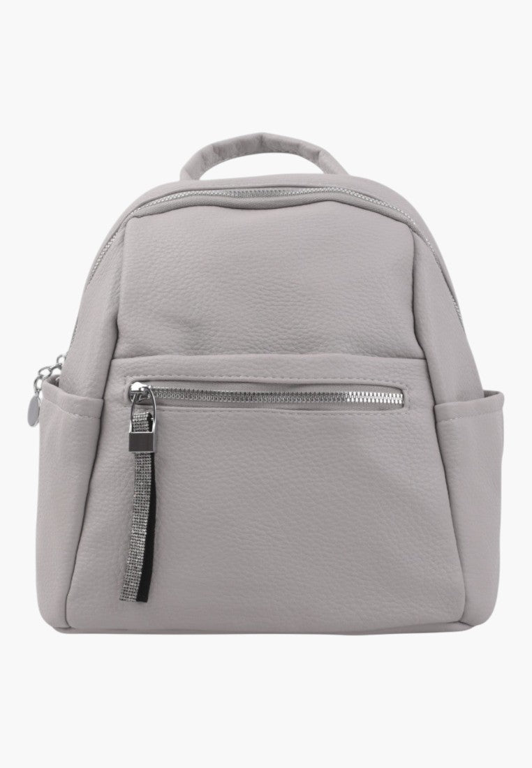 Falio urban women's backpack in light grey faux leather with a zippered front pocket and decorative pull tab