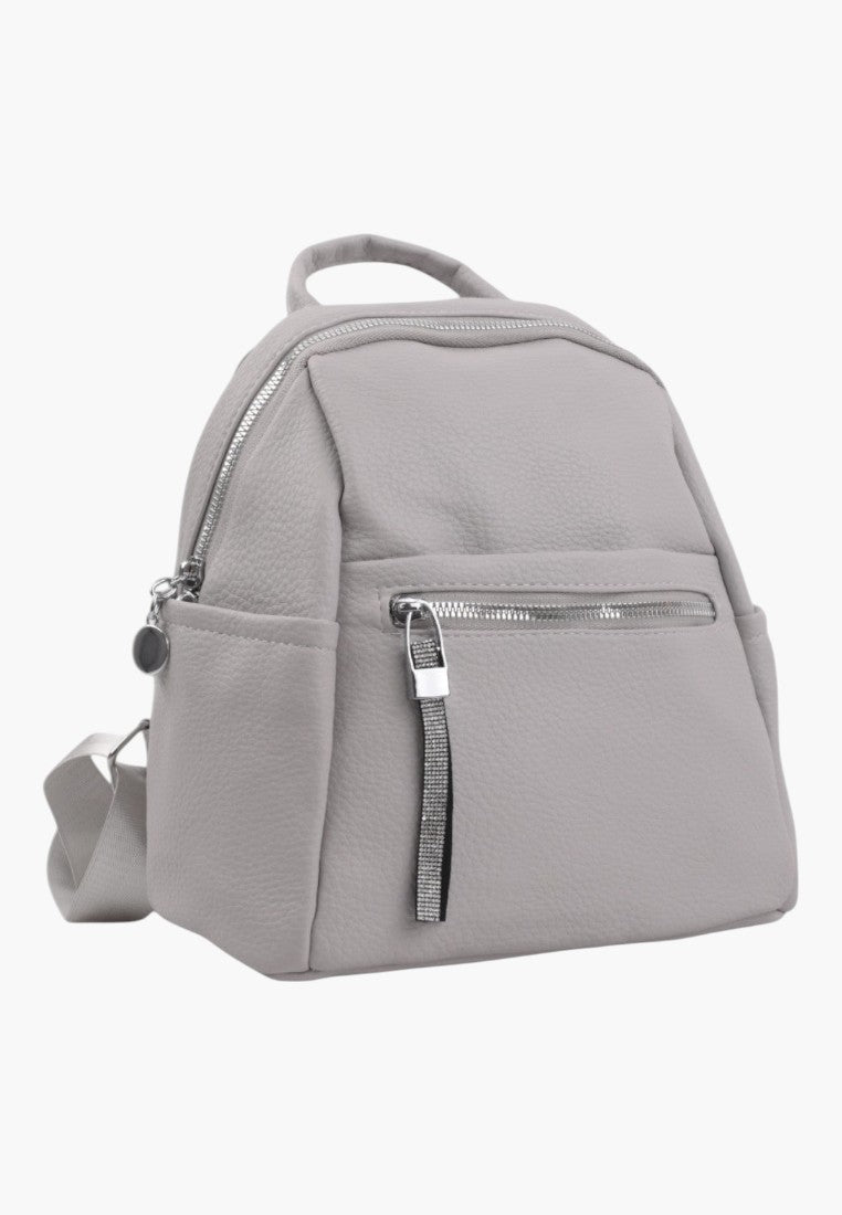 Falio urban women's backpack in light grey faux leather with silver zippers and a compact multi-pocket design.
