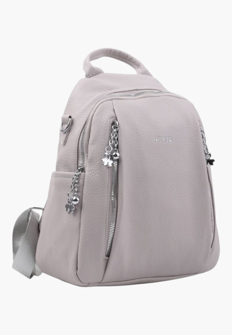 Falio urban women's backpack in light grey faux leather with silver zippers and multiple compartments for A4 items.