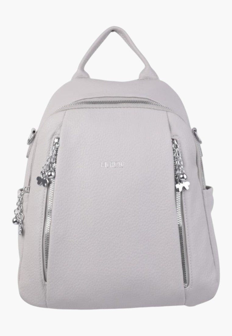Falio urban women's backpack in light grey faux leather with multiple zippered pockets and silver hardware