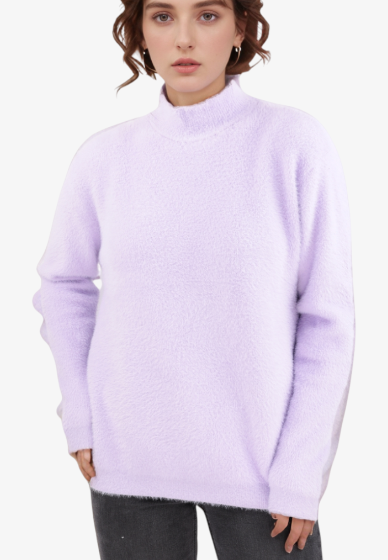 Model wearing a soft, light purple Falio mock neck sweater made from a wool and cashmere blend.