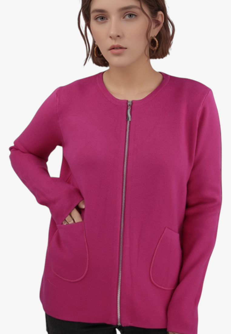 Falio plus size magenta viscose sweater with a round neckline, full-length front zipper, and two side pockets.