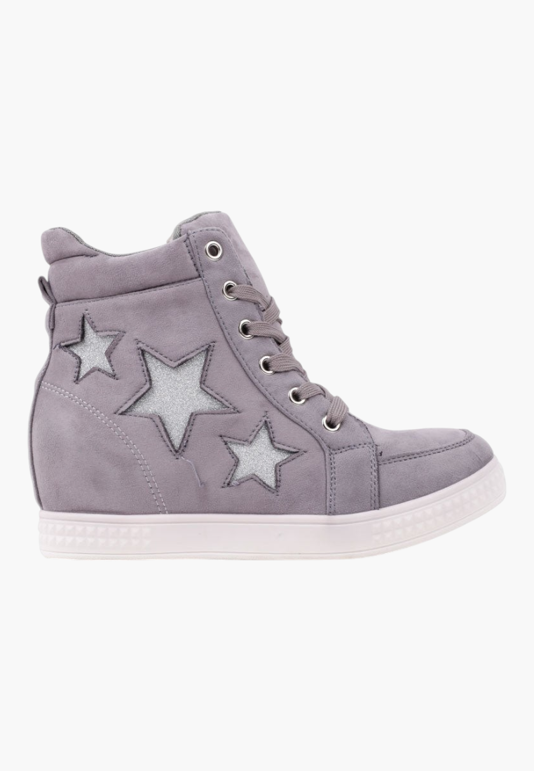 Falio Matryosha 3 grey suede high-top wedge sneakers with silver glitter star details and lace-up closure