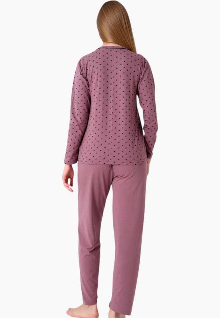 Falio women's insulated cotton pajama set in mauve with a small heart print, long sleeves, and round neckline.