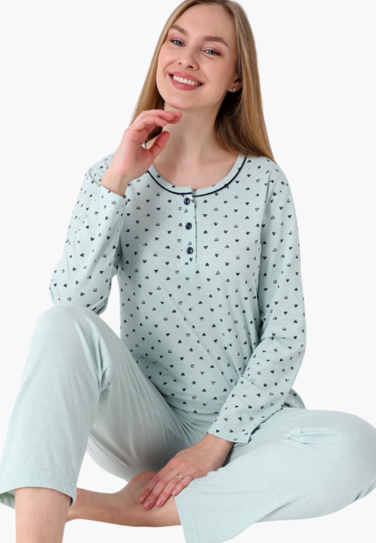 Falio women's insulated cotton pajamas in mint green with a small heart pattern, long sleeves, and button placket.