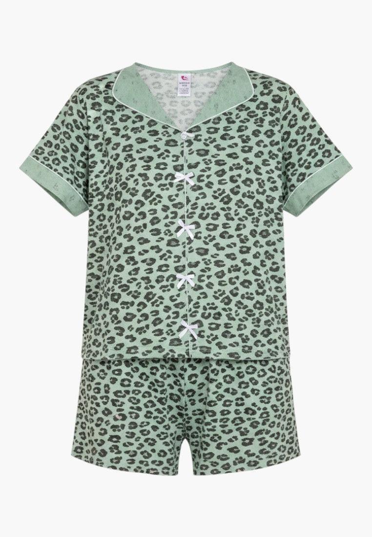 Falio mint green leopard print short sleeve pajama set with button front and white bow details. 100% cotton.