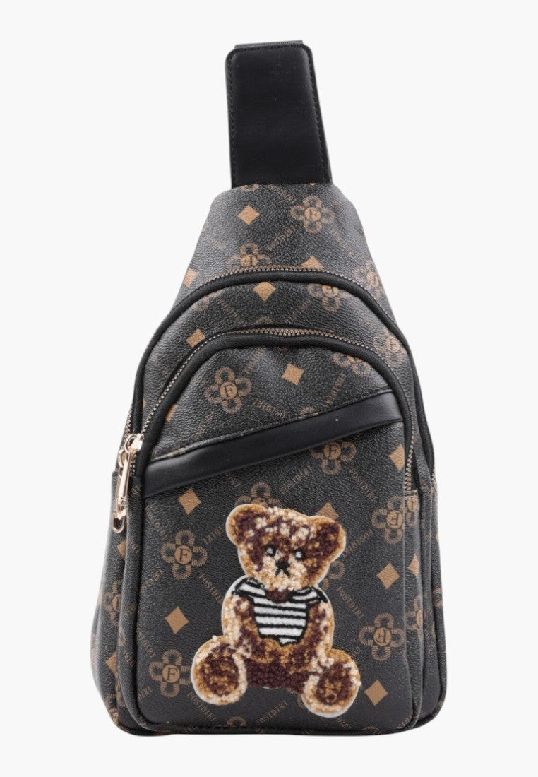 Falio women's small multi-colored faux leather city backpack with a cute teddy bear patch and monogram pattern