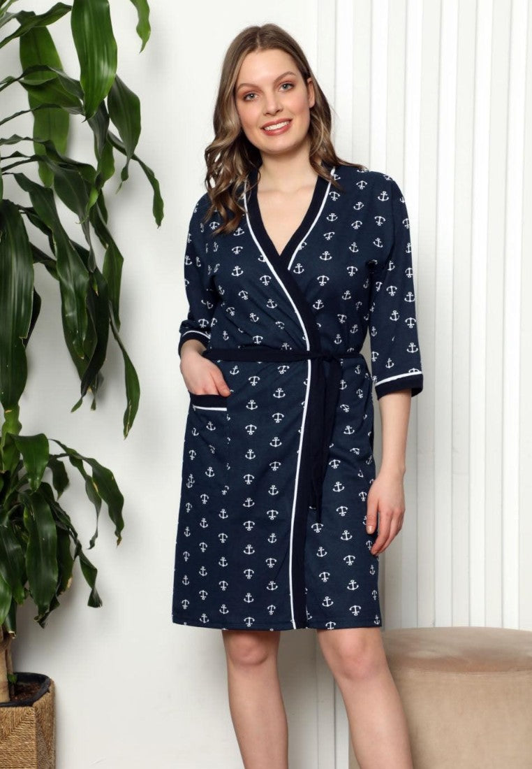 Falio women's navy cotton bathrobe with white anchor print, short sleeves, tie waist, and pockets.