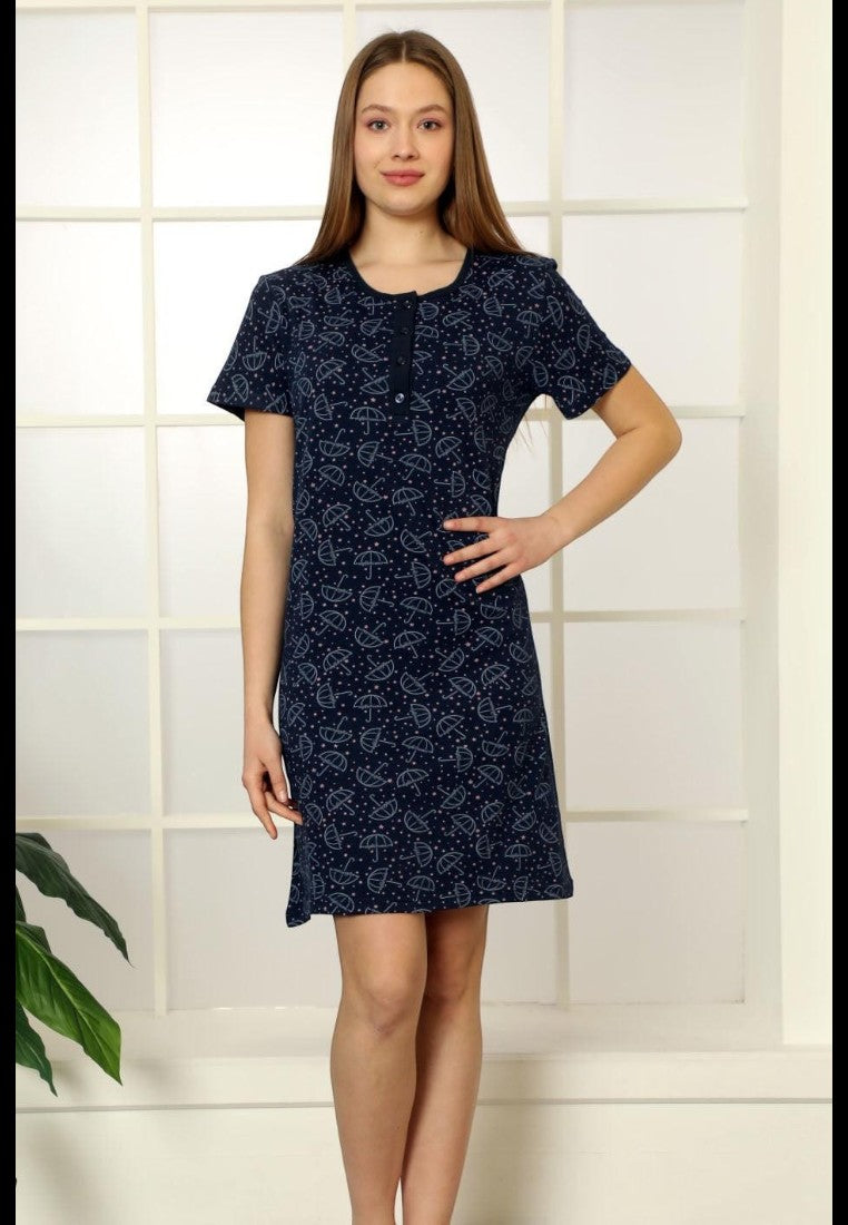 Falio navy blue cotton short sleeve nightgown with all-over umbrella print and round neckline.