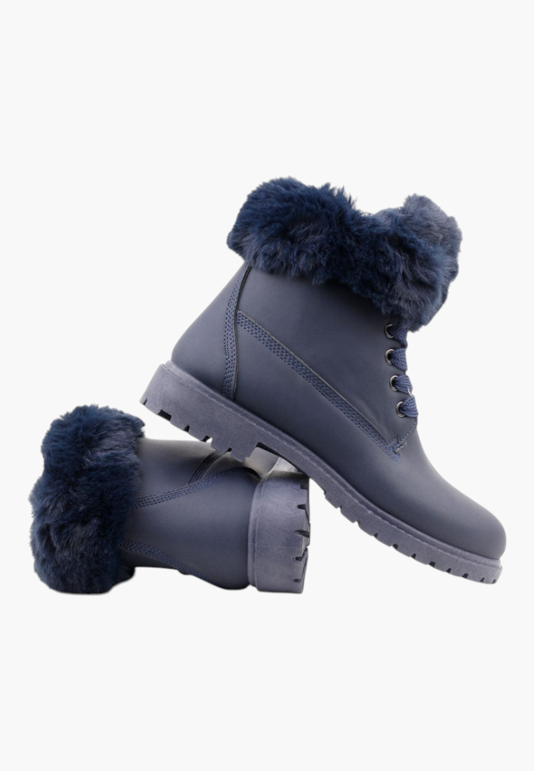 Falio women's navy blue synthetic nubuck lace-up ankle boots with faux fur trim and flat soles