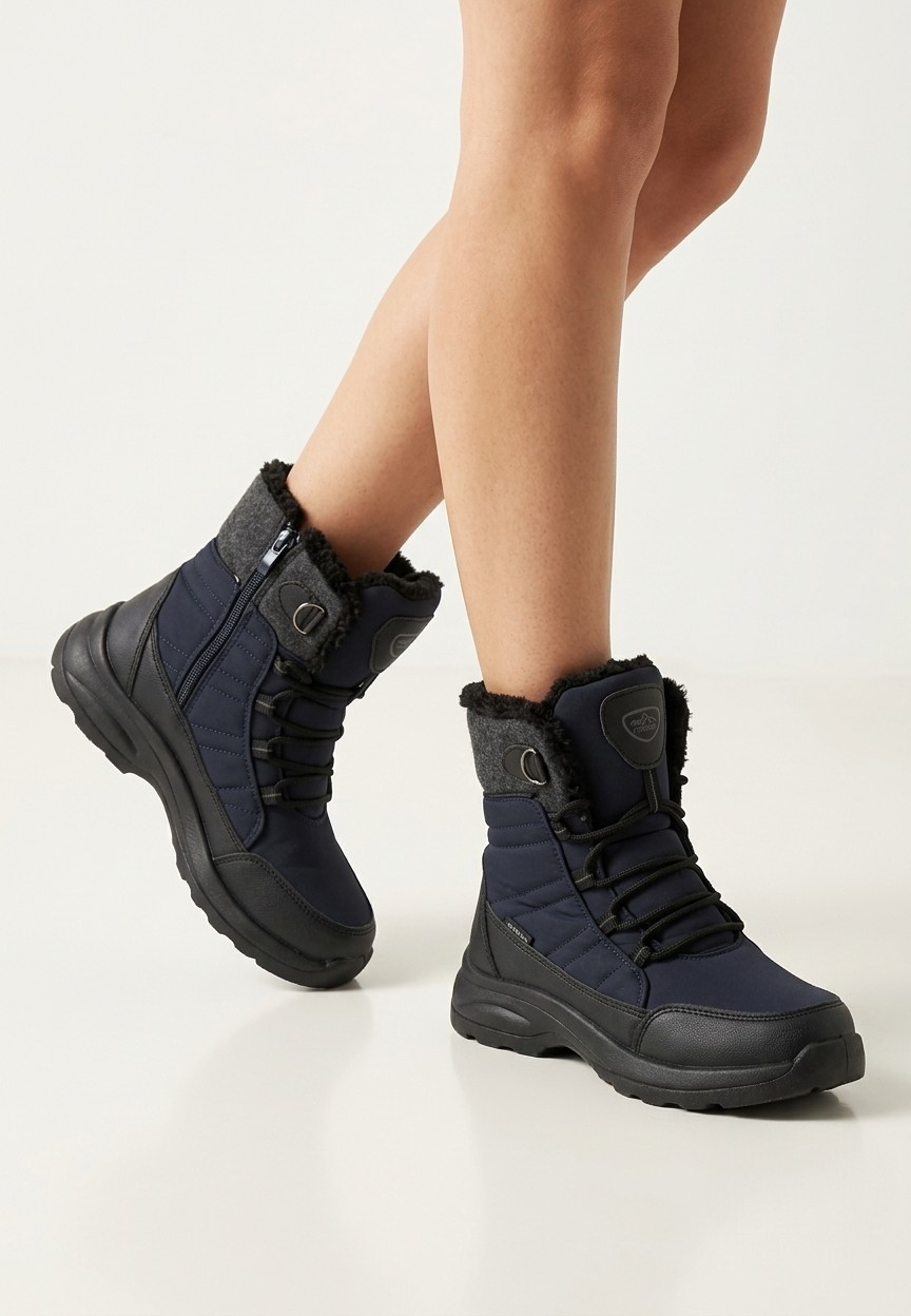Falio women's navy blue insulated snow boots with faux fur collar, side zipper, and trekking-style flat sole.