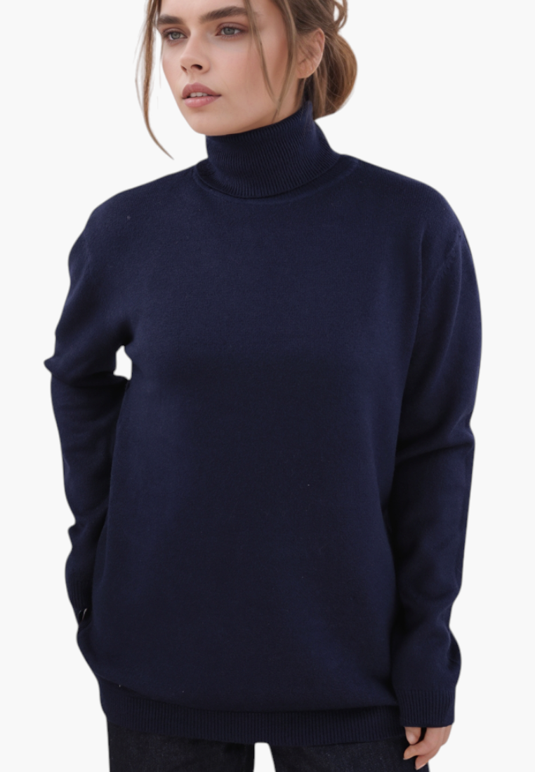 Model wearing a Falio navy blue viscose blend long-sleeve sweater with a turtleneck and minimalist design.