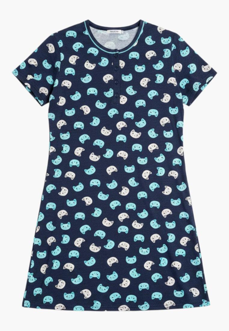 Falio navy blue 100% cotton short sleeve nightgown with a repeating pattern of white and light blue cat faces. Round neckline with a two-button placket, above-the-knee length.