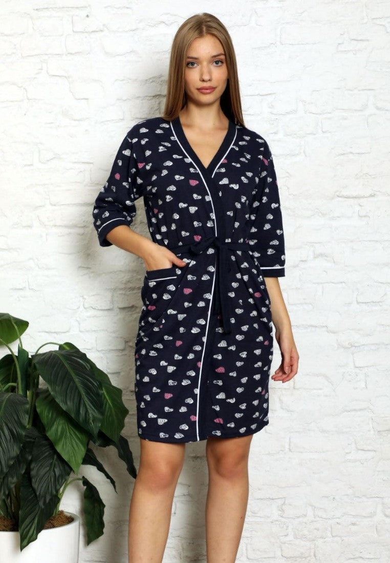 Falio women's navy cotton robe with heart print, short sleeves, tie waist, and pockets, knee-length.