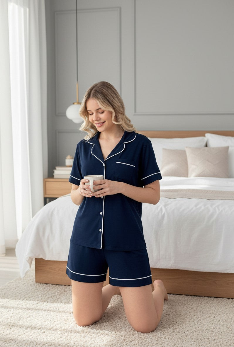 Falio navy blue cotton pajama set with white piping worn by a woman kneeling in a bright bedroom