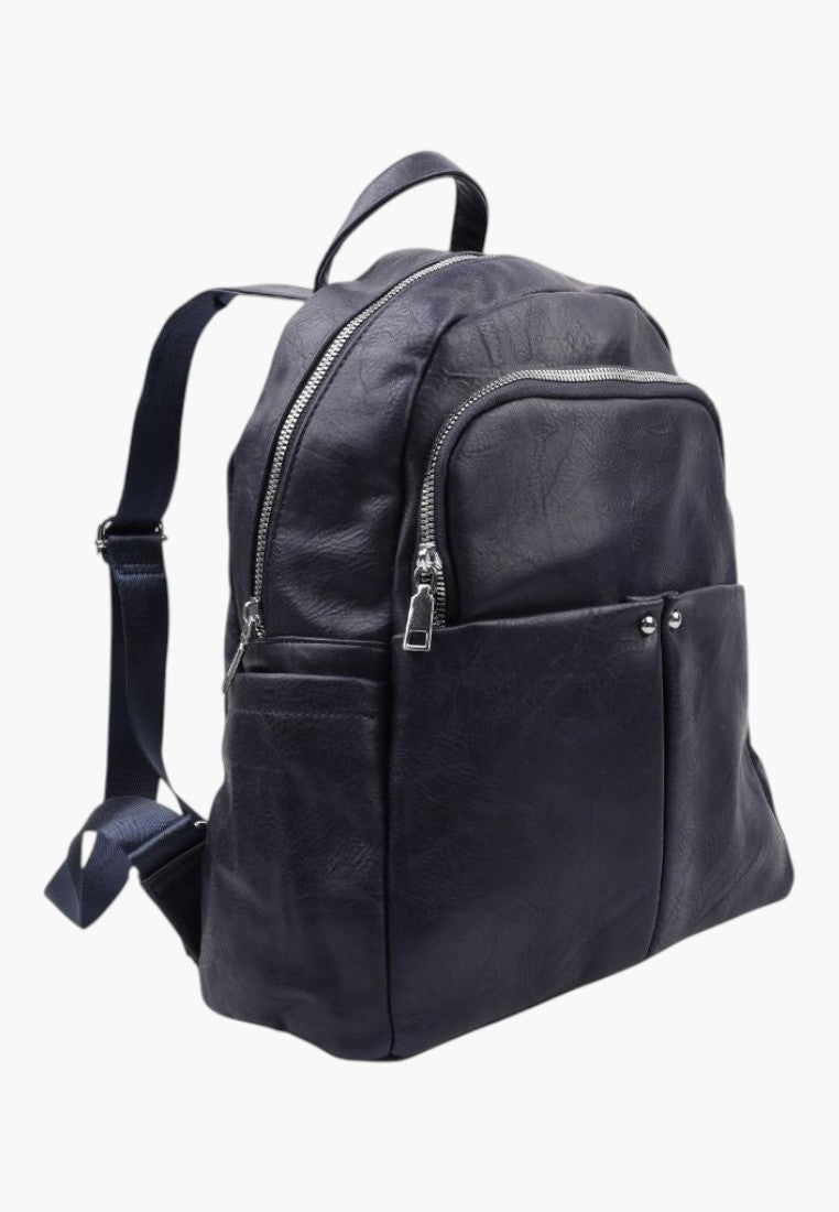 Falio navy blue faux leather backpack with a spacious 13L capacity, zip closure, and front pockets.