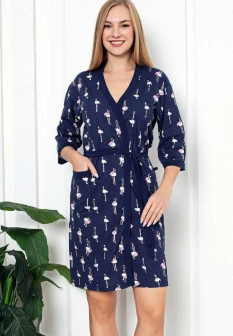 Falio cotton women's robe in navy blue with a flamingo print, short sleeves, and a tie waist.